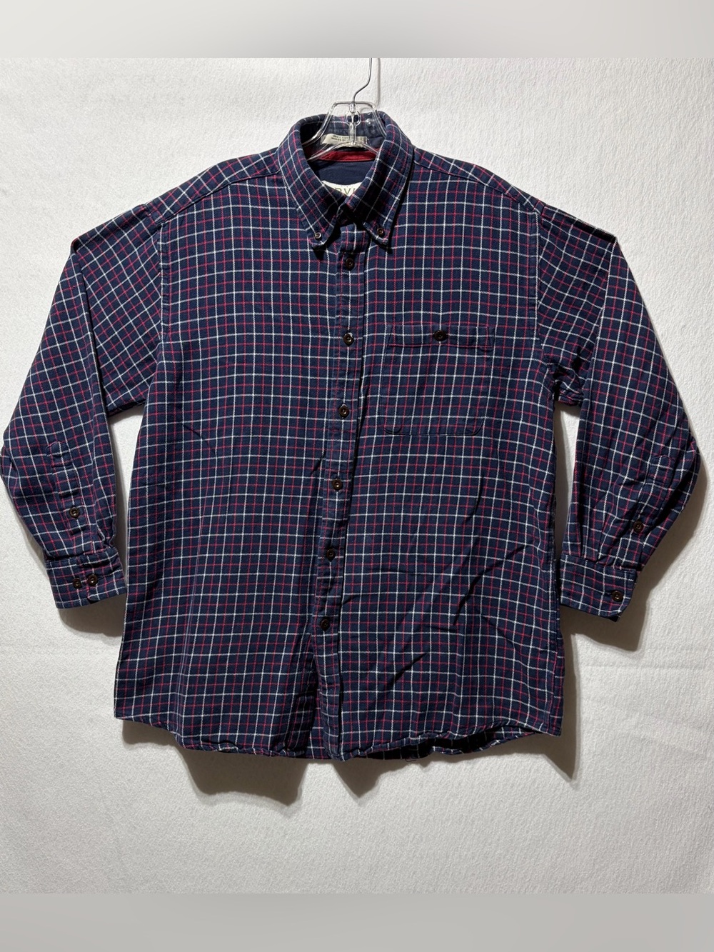 Orvis Button Down Flannel Shirt Mens L Large Thick 100% Cotton Blue Plaid Collar